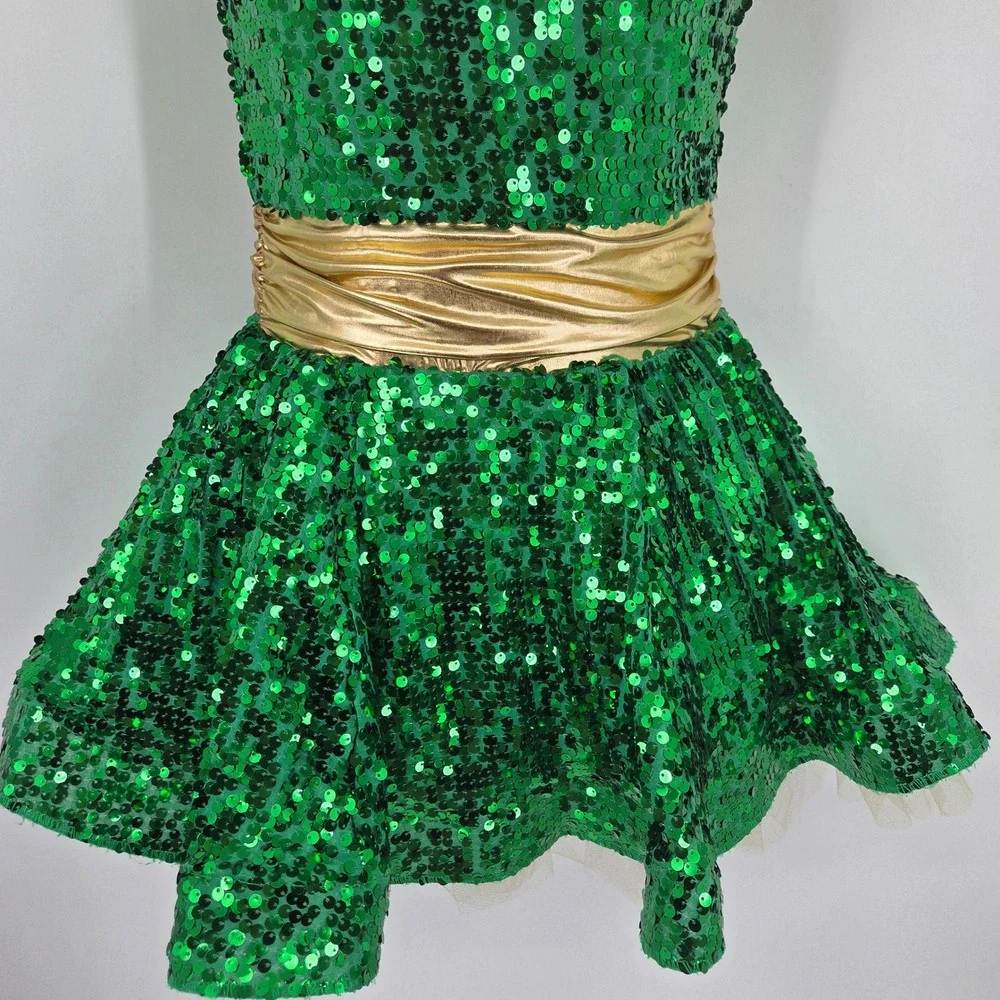Weissman Green Gold Sequin Dance Costume Halter Strappy Back LC Performance